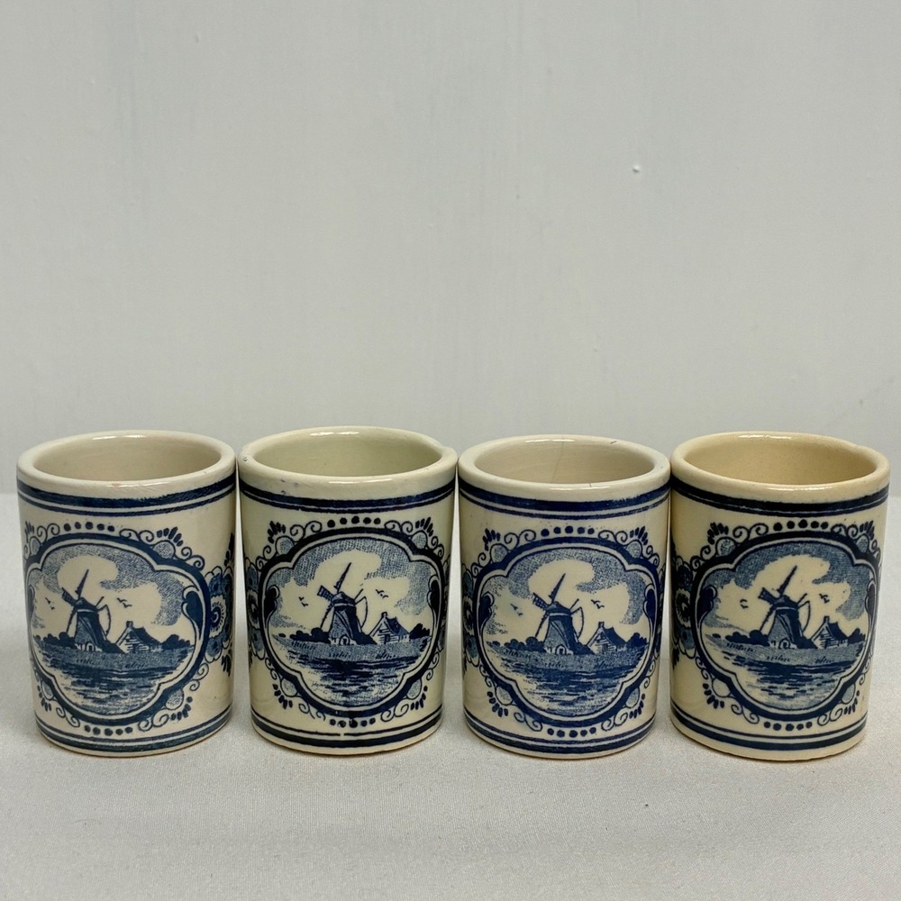 Vandermint Delft Blue Hand Painted Holland Windmill Shot Glasses Set of 4
